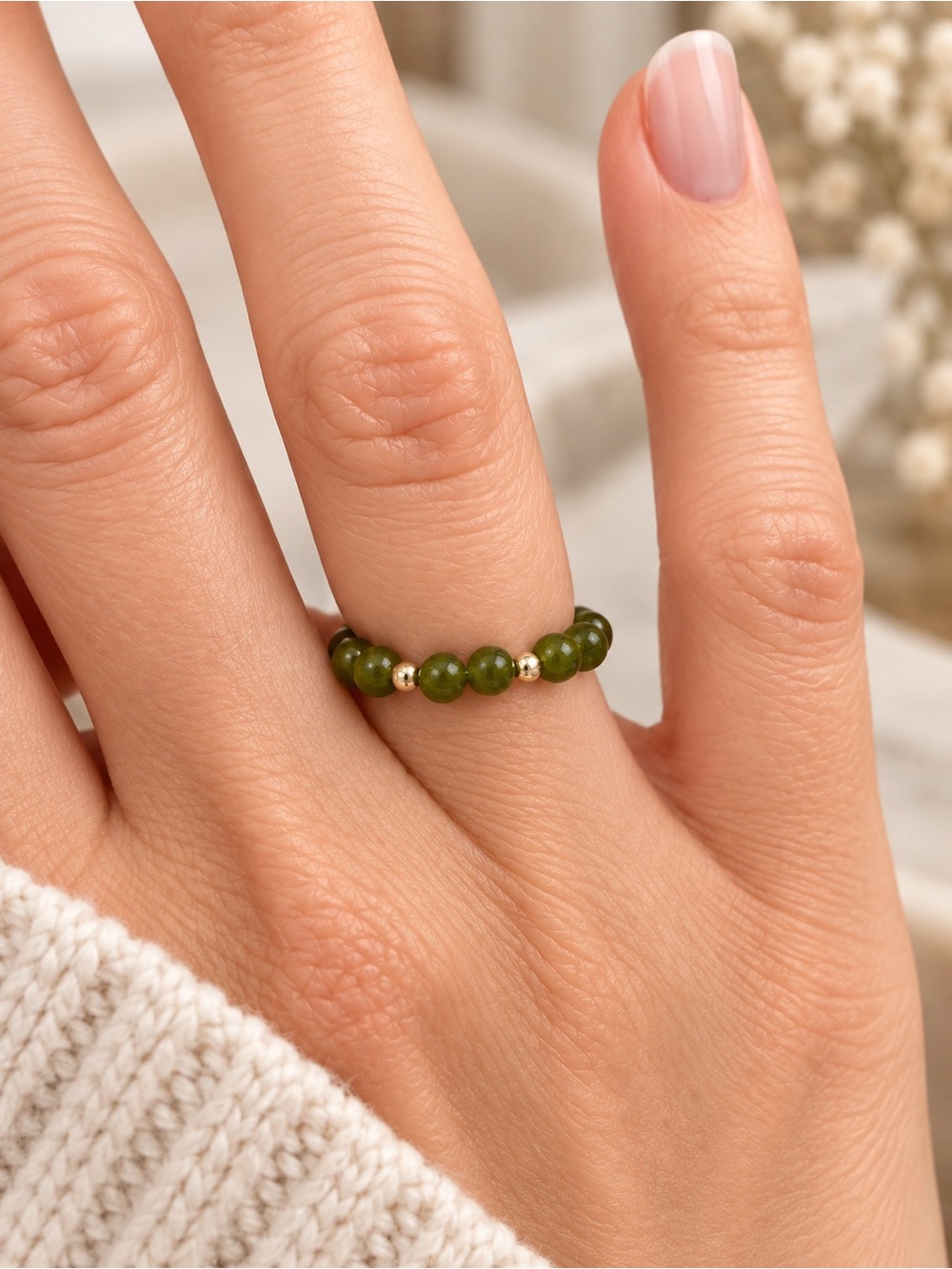 7 Genuine 14K Gold Beads on genuine Jade Bead Stretch Ring